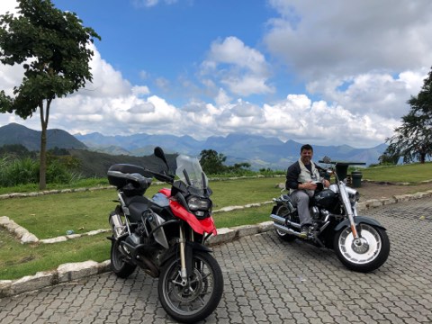 Motorcycles at a mountain viewpoint in the range between Rio and Sao Paulo