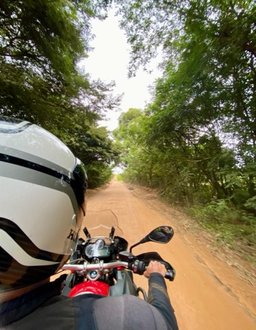 Rider's view along a green forest track in the hills of Minas Gerais